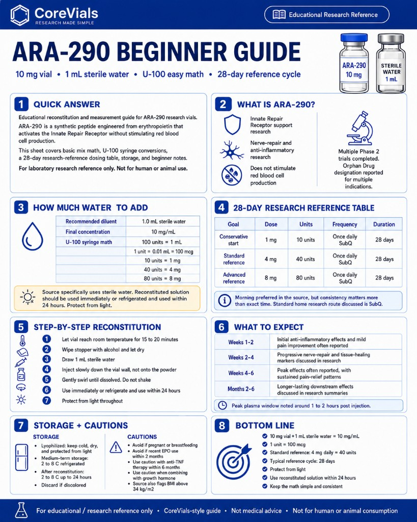 ARA-290 beginner guide cheat sheet for 10 mg vial with 1 mL sterile water reconstitution, 28-day reference table, and unit math
