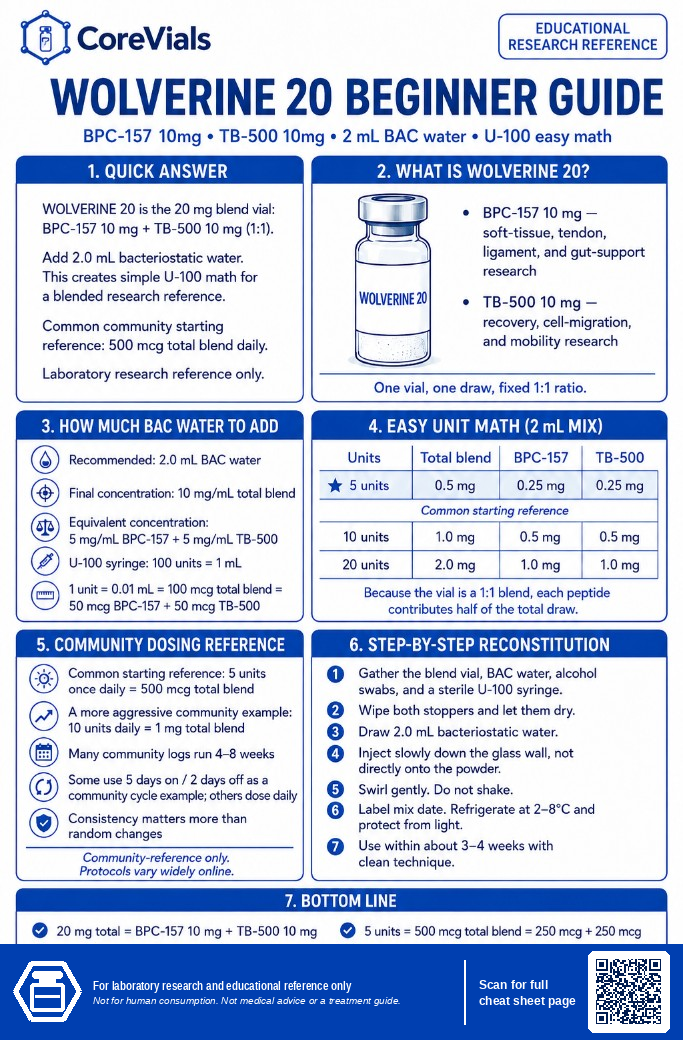 Wolverine 20 beginner guide cheat sheet with 2 mL BAC reconstitution and U-100 unit math for BPC-157 and TB-500