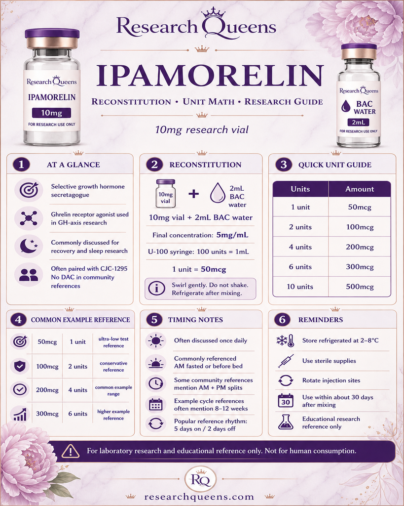 Ipamorelin reconstitution and unit math cheat sheet for 10 mg vial with 2 mL BAC water