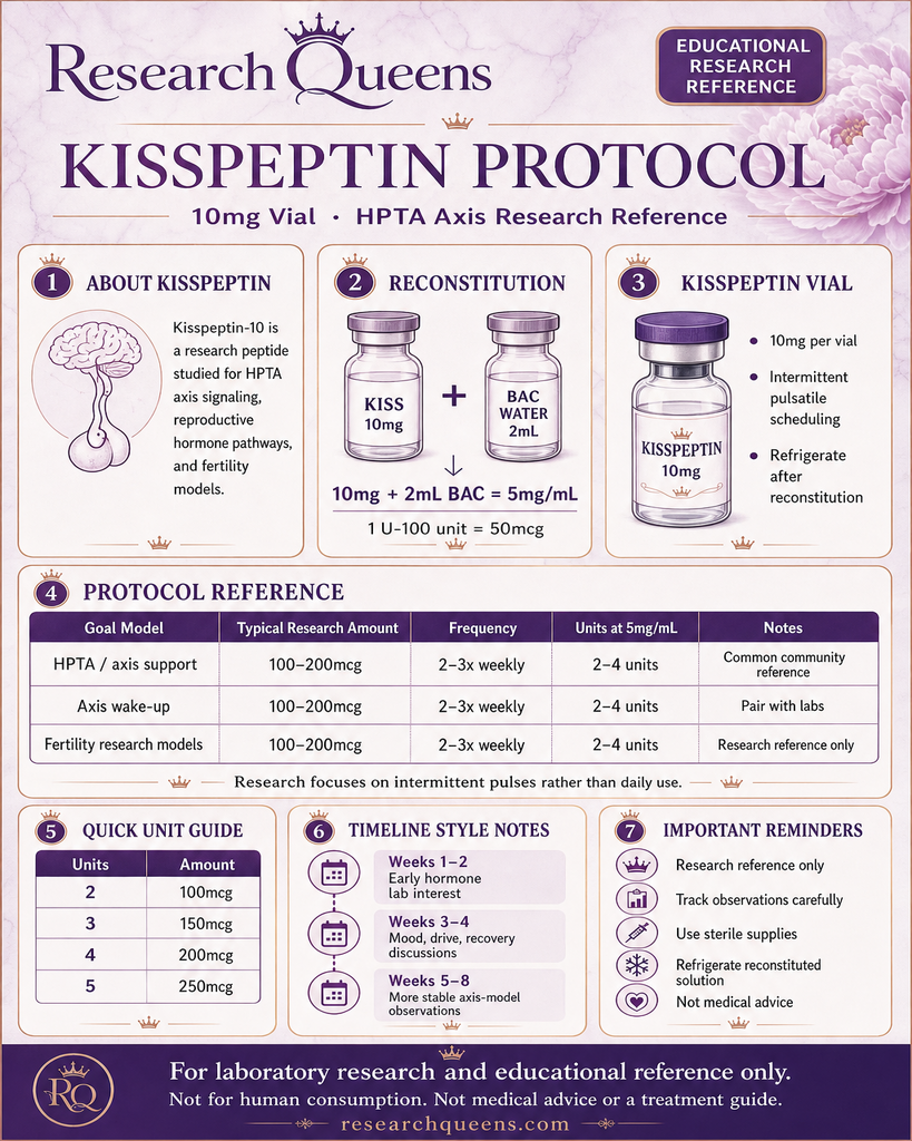 Kisspeptin-10 protocol cheat sheet for 10 mg vial with 2 mL BAC reconstitution and unit reference