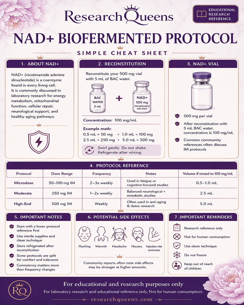 NAD+ biofermented protocol cheat sheet with 500 mg vial, 5 mL BAC reconstitution, and volume reference