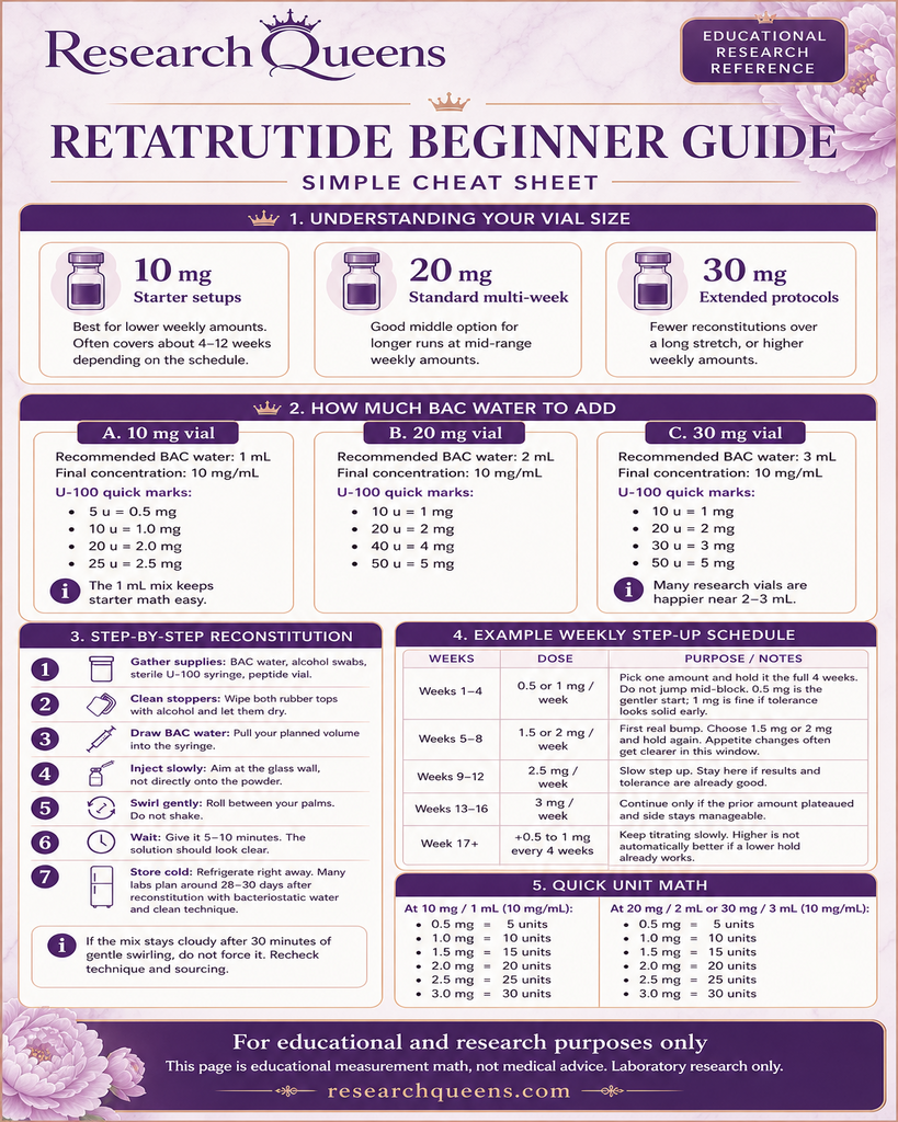 Retatrutide beginner guide simple cheat sheet with reconstitution, weekly step-up schedule, and unit math