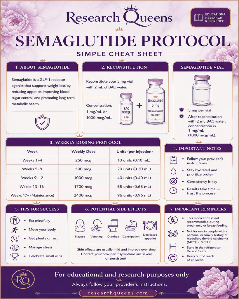 Semaglutide protocol simple cheat sheet with 2 mL reconstitution and weekly unit reference