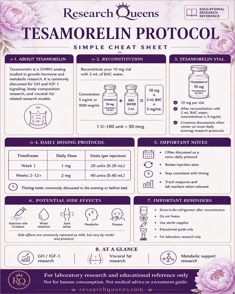 Tesamorelin protocol simple cheat sheet for 10 mg vial with 2 mL BAC reconstitution and unit reference