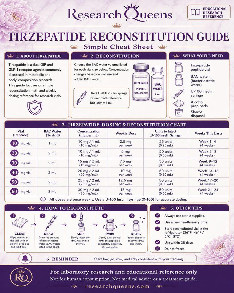 Tirzepatide reconstitution guide simple cheat sheet with dosing chart and mix steps
