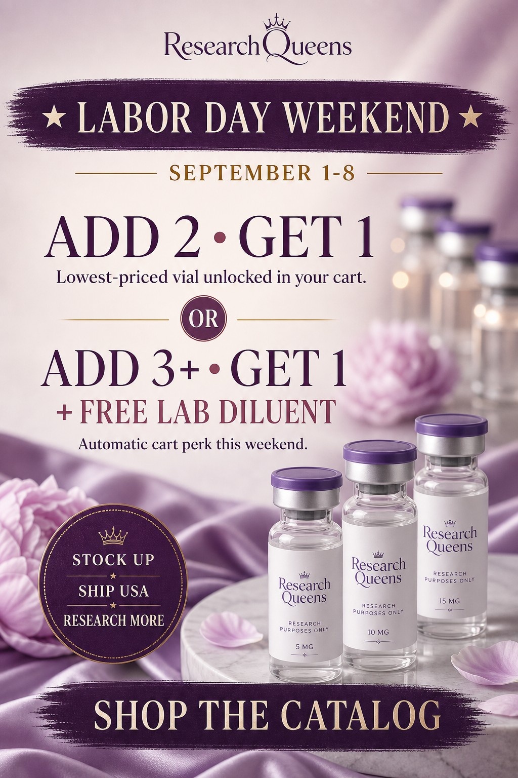 Labor Day Stock-Up Sale. Every 3 qualifying peptides unlock another $1 vial; 4 or more also unlock one free 10ml BAC Water.